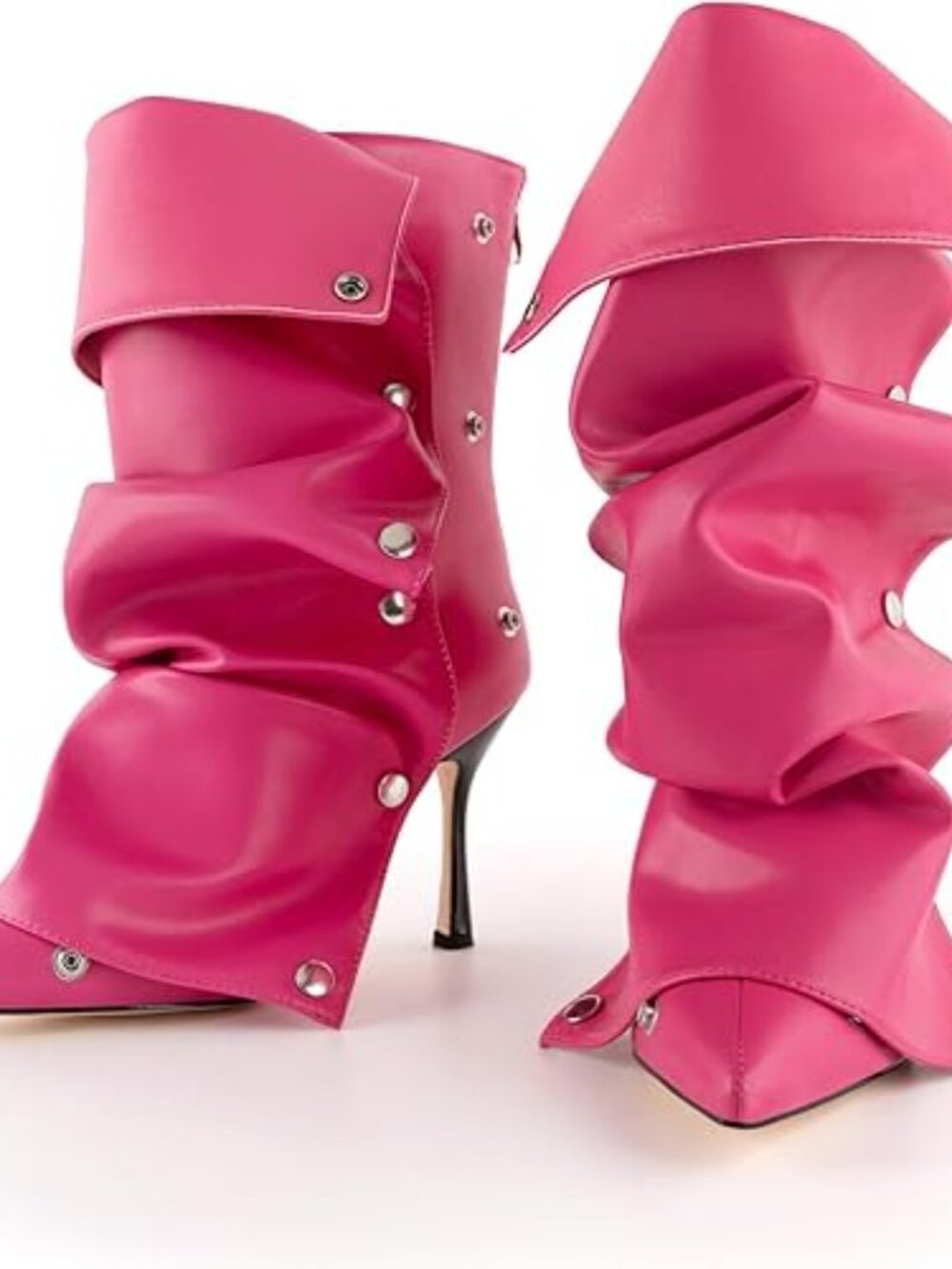 Women Pink Polyurethane Slouchy Stiletto High Heel Pointed Toe Fold Shark Boot
